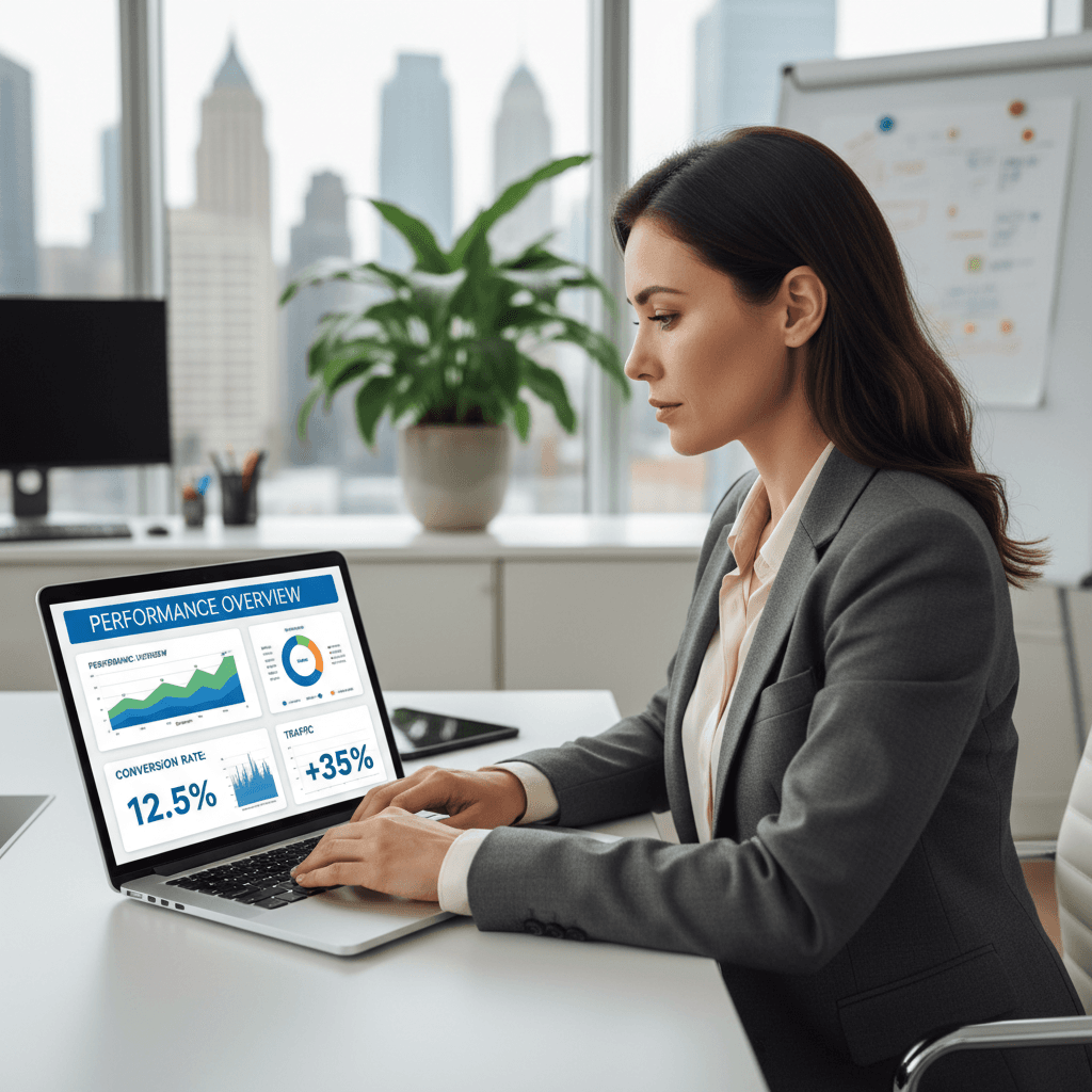 Digital marketing strategist working on laptop with analytics dashboard in modern office