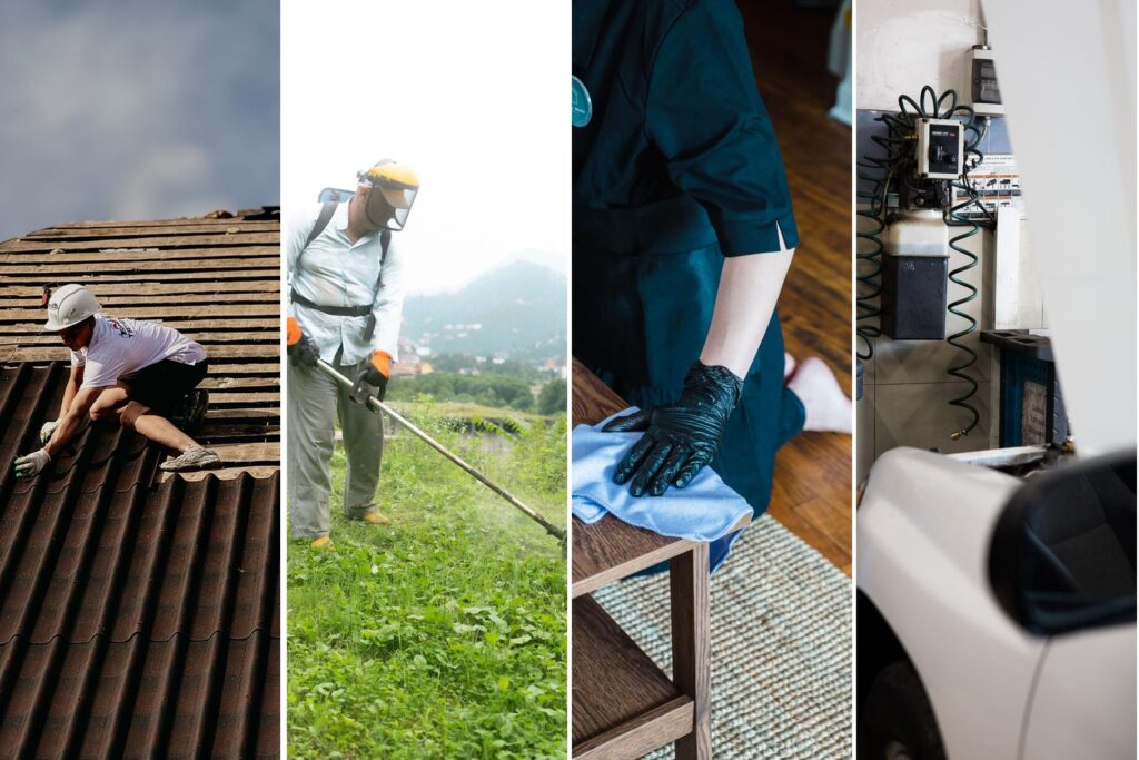 Collage of home service trades including roofing, lawn care and cleaning