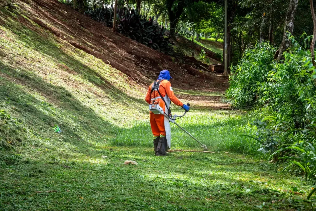 Landscaper mowing a lawn
