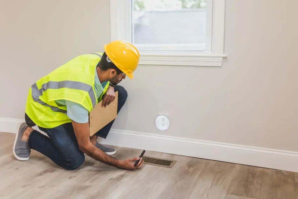 Electrician in a hard hat and safety vest kneeling to check a wall outlet in a newly finished room