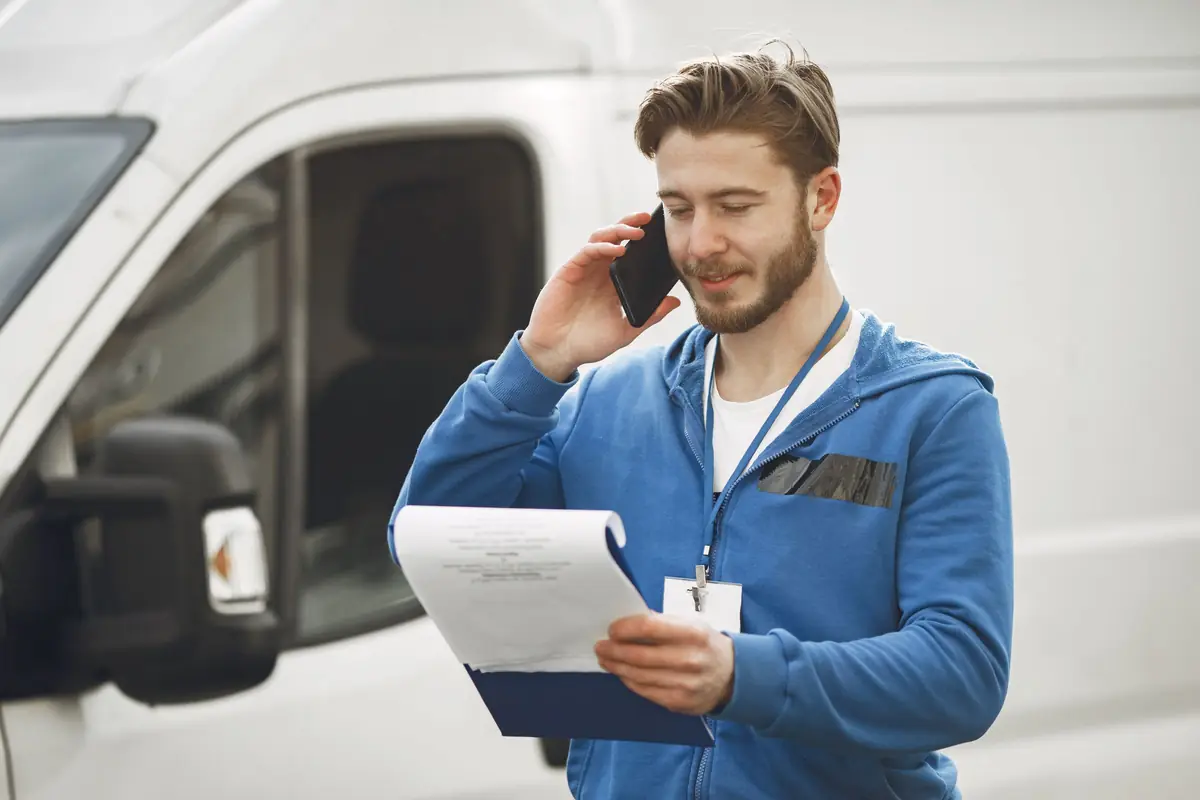 Service technician in a blue jacket holding a clipboard and talking on his phone beside a work van